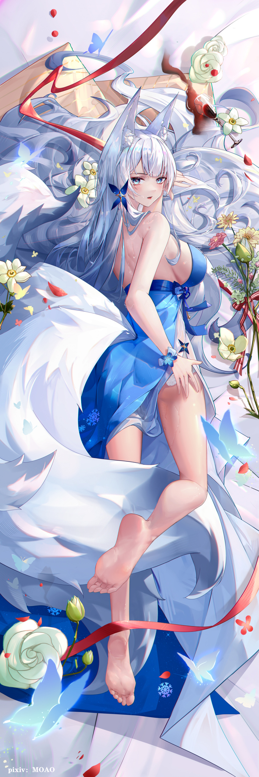 1girl absurdres alcohol animal_ear_fluff animal_ears azur_lane backless_dress backless_outfit barefoot blue_butterfly blue_dress blue_eyes bouquet breasts bug butterfly chinese_commentary cup dress drinking_glass evening_gown flower fox_ears full_body grey_hair hair_ornament halter_dress halterneck highres kitsune large_breasts large_tail looking_at_viewer lying maoao multiple_tails official_alternate_costume on_stomach pink_flower red_ribbon red_wine ribbon rose shinano_(azur_lane) shinano_(dreams_of_the_hazy_moon)_(azur_lane) spill tail white_flower white_rose white_tail wine wine_glass wrist_flower