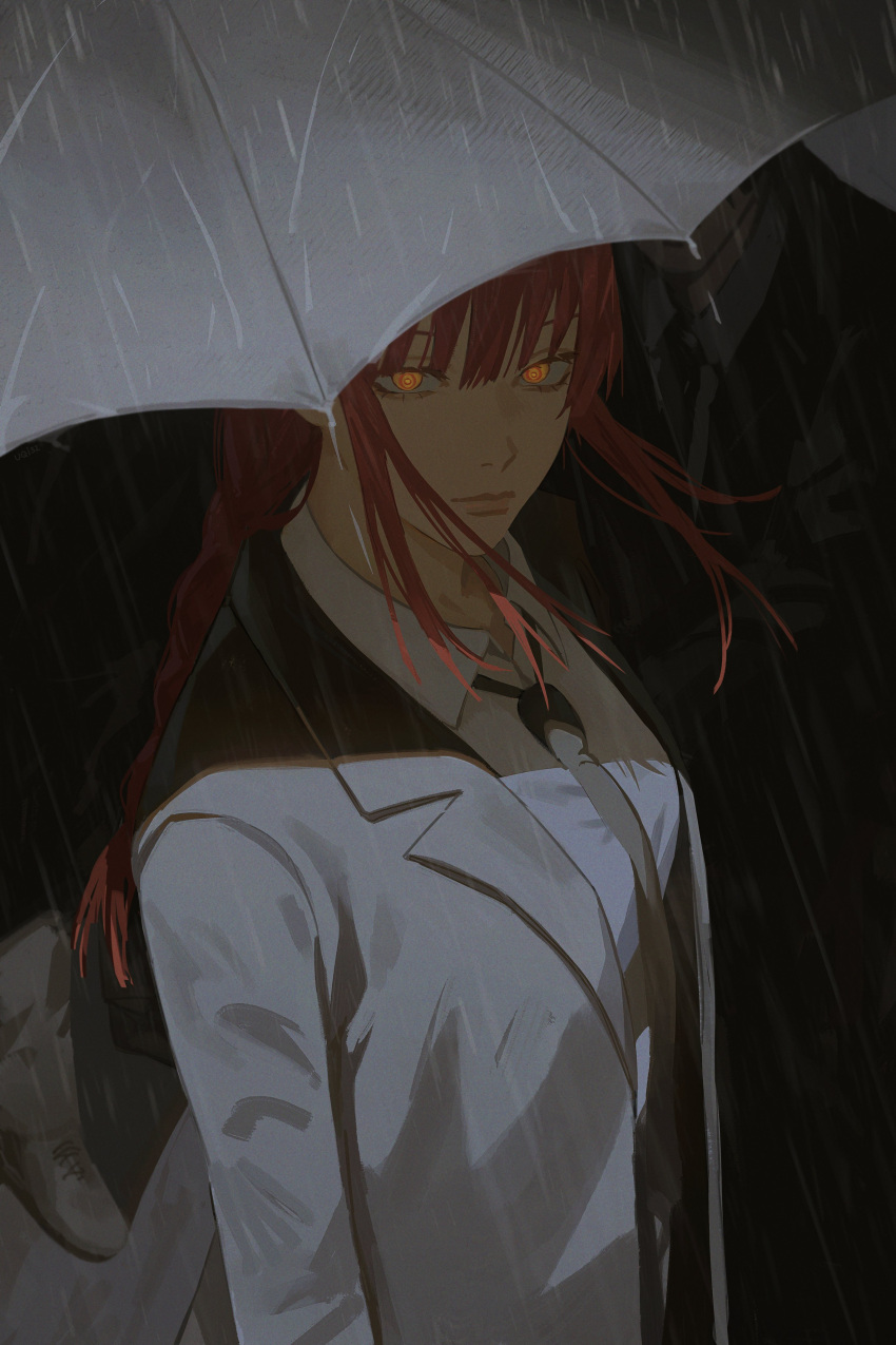 1girl 2others absurdres black_jacket black_necktie black_suit braid chainsaw_man closed_mouth collared_shirt commentary hair_between_eyes highres jacket long_hair looking_at_viewer makima_(chainsaw_man) multiple_others necktie outdoors rain red_hair ringed_eyes shadow shirt sidelocks single_braid solo_focus suit umbrella upper_body uqi32 white_shirt