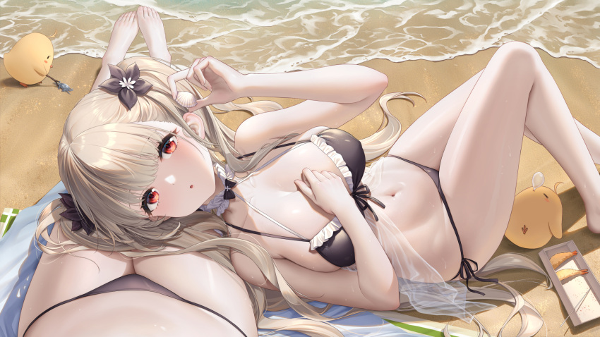 2girls :o azur_lane bare_arms bare_legs bare_shoulders beach bikini bird black_bikini breasts chick choker cleavage covered_nipples flower formidable_(azur_lane) frilled_bikini frilled_choker frills front-tie_bikini_top front-tie_top hair_flower hair_ornament halterneck hand_on_own_chest hand_up haneru highres knees_up lap_pillow large_breasts long_hair looking_at_viewer lying lying_on_another manjuu_(azur_lane) multi-strapped_bikini multiple_girls navel on_back parted_lips red_eyes see-through side-tie_bikini_bottom skindentation solo_focus stomach string_bikini swimsuit thighs twintails very_long_hair white_hair