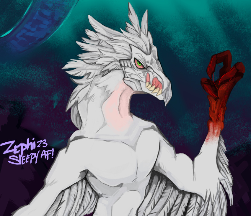 2023 3_fingers alien anthro arm_feathers avian beak blood blood_drip blood_on_hand bodily_fluids claws colored fangs feathered_arms feathered_crest feathers finger_claws fingers green_eyes halo_(device) halo_(series) head_crest hi_res kig-yar looking_at_viewer male microsoft pink_body pink_neck pink_sclera pink_skin scalie sharp_teeth simple_background solo t'vaoan teeth white_body white_feather_hair white_feathers white_skin xbox_game_studios zephirith