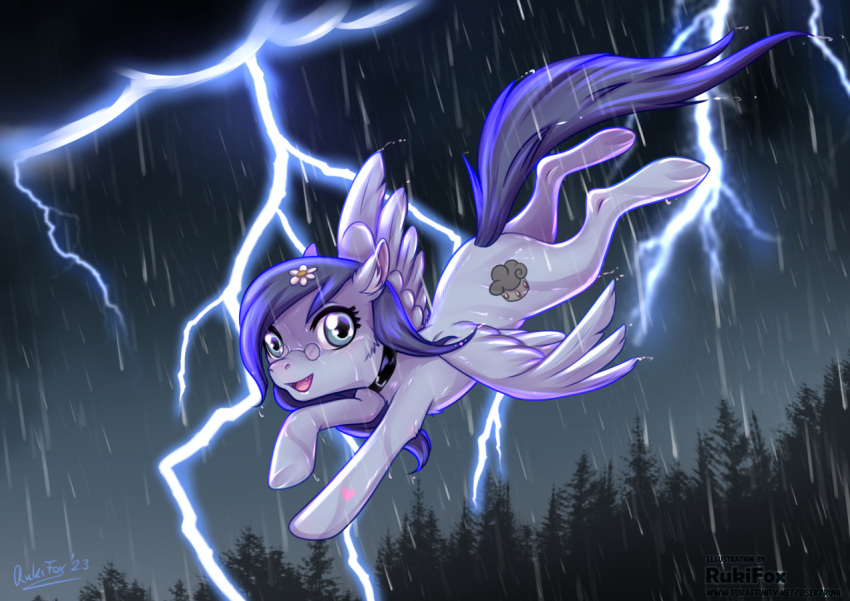 ambiguous_gender collar electricity equid equine eyewear feral flying glasses hasbro horse lightning mammal my_little_pony outside plant purple_body raining rukifox solo tree wings