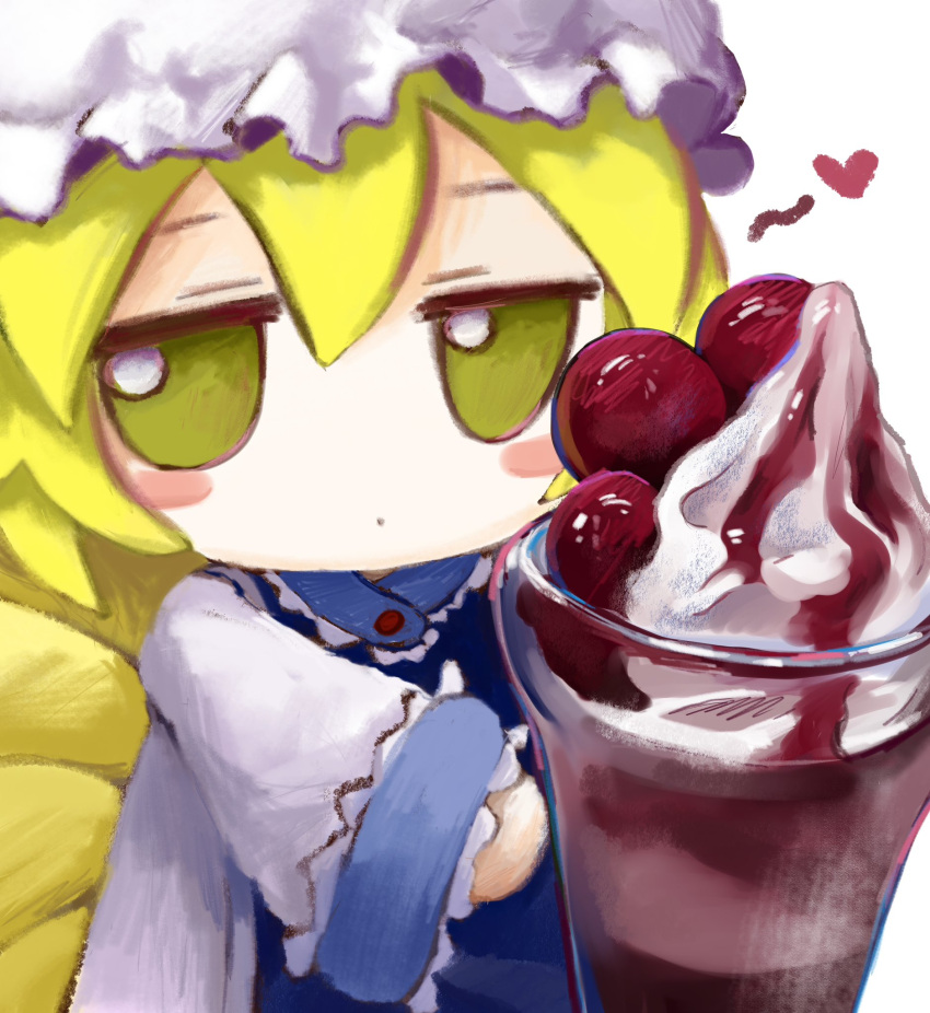 1girl blonde_hair blush_stickers commentary dress food fumo_(doll) hat highres holding holding_food ice_cream long_sleeves looking_at_viewer mob_cap short_hair simple_background solo sundae symbol-only_commentary tabard touhou white_background white_dress white_headwear yakumo_ran yakumora_n yellow_eyes