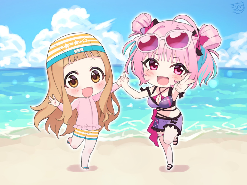 2girls ahoge beach bikini blue_hair blue_sky blush breasts chibi cleavage cloud commentary_request day euphoniummatsu eyewear_on_head fangs flat_chest full_body hand_up highres holding_hands ichihara_nina idolmaster idolmaster_cinderella_girls index_finger_raised jacket large_breasts light_brown_hair long_hair long_sleeves looking_at_viewer medium_hair midriff multicolored_hair multiple_girls ocean one-piece_swimsuit open_mouth outdoors pink_eyes pink_hair pink_jacket pointing pointing_at_viewer purple_bikini sandals sidelocks signature sky smile standing standing_on_one_leg striped striped_headwear striped_one-piece_swimsuit sunglasses swim_cap swimsuit track_jacket two-tone_hair yellow_eyes yellow_headwear yellow_one-piece_swimsuit yumemi_riamu