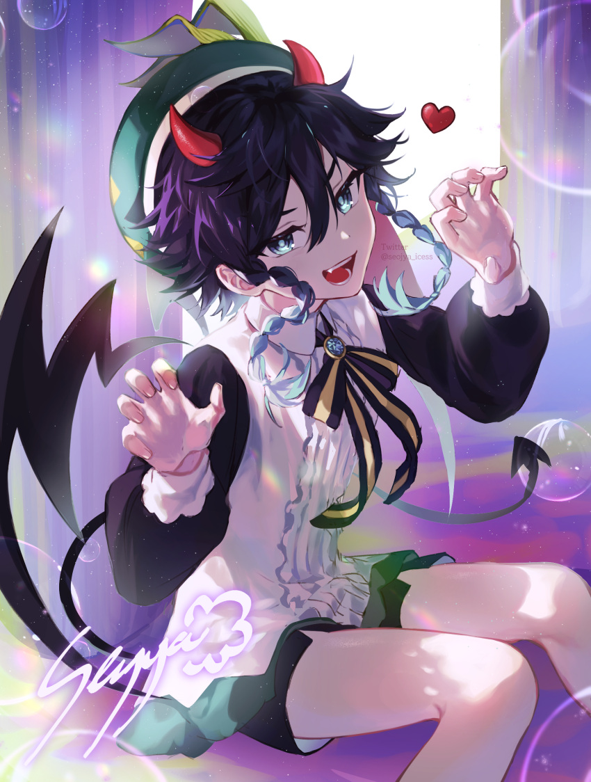 1boy absurdres artist_name beret bishounen black_hair blue_hair braid commentary demon_boy demon_horns genshin_impact gradient_hair green_headwear hat heart highres horns ice_s_s_z long_sleeves looking_at_viewer male_focus multicolored_hair open_mouth short_hair_with_long_locks sitting smile solo symbol-only_commentary tail teeth twin_braids venti_(genshin_impact) venti_(halloween)_(genshin_impact)