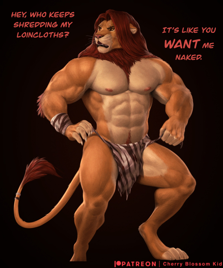 2023 abs anthro biped black_background bottomwear bulge cherry_blossom_kid claws clothing digital_media_(artwork) digitigrade disney english_text felid finger_claws fur hair hi_res lion loincloth male mammal mane muscular muscular_anthro muscular_male nipples open_mouth orange_body orange_fur pantherine paws pecs red_hair red_mane simba_(the_lion_king) simple_background solo standing step_pose tail tail_tuft tan_body tan_fur text the_lion_king tuft whiskers yellow_eyes