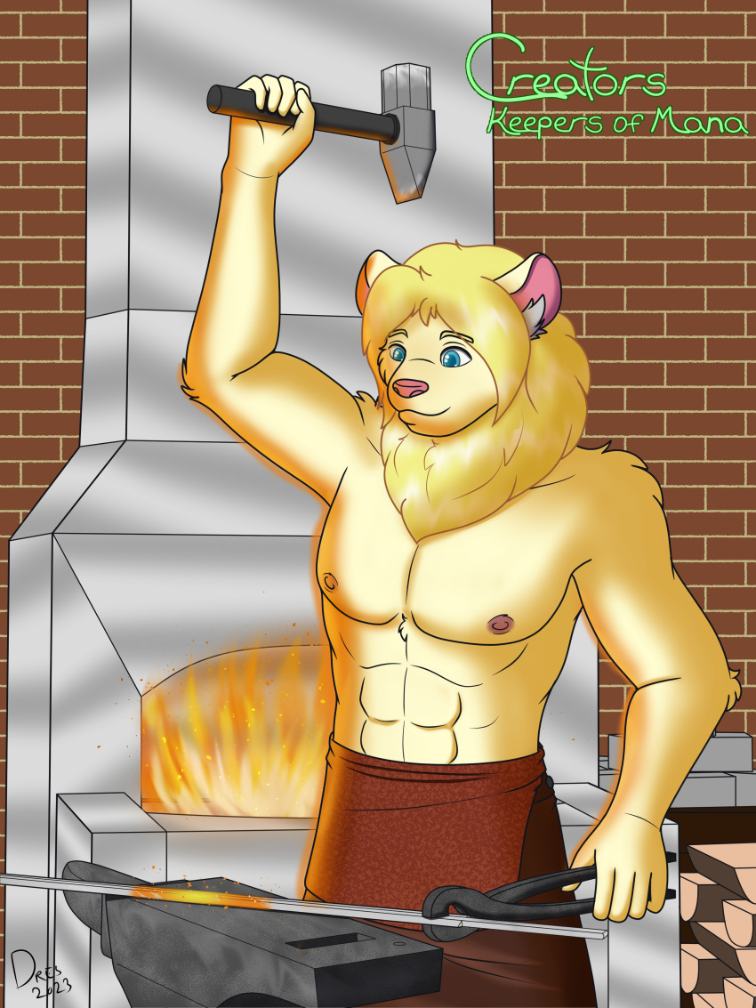 absurd_res anvil apron arthur_(ckom) bare_chest blacksmith blonde_hair ckom clothed clothing comic dressari felid forge_(disambiguation) glowing hair hammer heat_(disambiguation) hi_res lion male mammal mane muscular pantherine pecs tools topless webcomic