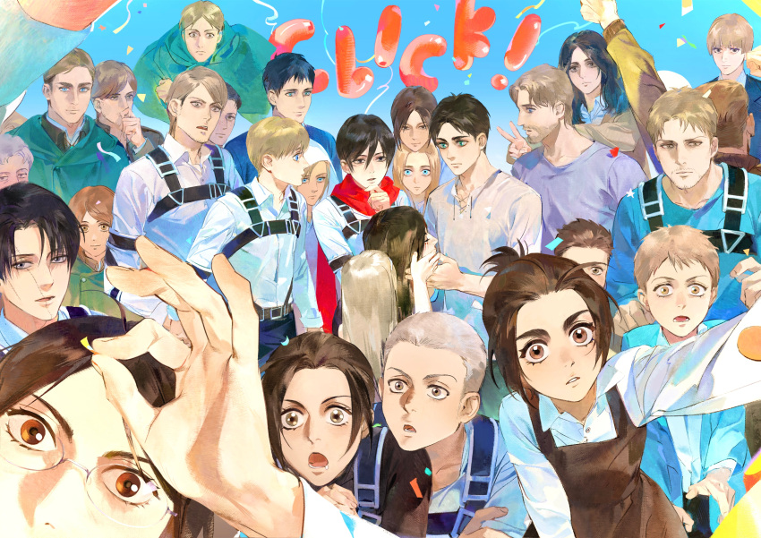 6+boys 6+girls :o absurdres annie_leonhardt armin_arlert auruo_bossard balloon bertolt_hoover black_hair blonde_hair blue_eyes blush brown_hair celebration character_request check_character christa_renz clone confetti connie_springer couple disembodied_head eren_yeager erwin_smith expressionless falco_grice foreshortening gabi_braun group_picture hand_up hange_zoe head_on_head head_rest highres jean_kirchstein levi_(shingeki_no_kyojin) light_brown_hair luguoadeli_(maple12031) marcel_galliard marco_bodt mikasa_ackerman moblit_berner multiple_boys multiple_girls outstretched_arm paradis_military_uniform petra_ral pieck_finger porco_galliard red_scarf reiner_braun sasha_braus scarf selfie shingeki_no_kyojin shirt short_hair smile sparkling_eyes spine_eren spoilers taking_picture thinking time_paradox v wide-eyed yelena_(shingeki_no_kyojin) ymir_(shingeki_no_kyojin) ymir_fritz yuri