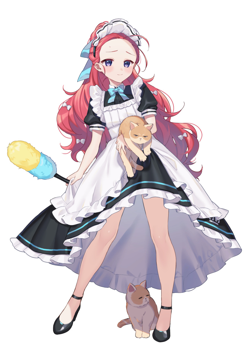 1girl absurdres animal apron black_footwear blue_archive blush cat citron_82 closed_mouth duster feather_duster full_body highres holding holding_animal holding_cat legs long_hair looking_at_viewer maid maid_apron maid_headdress official_alternate_costume purple_eyes red_hair shoes short_sleeves simple_background solo standing thighs white_background yuzu_(blue_archive) yuzu_(maid)_(blue_archive)