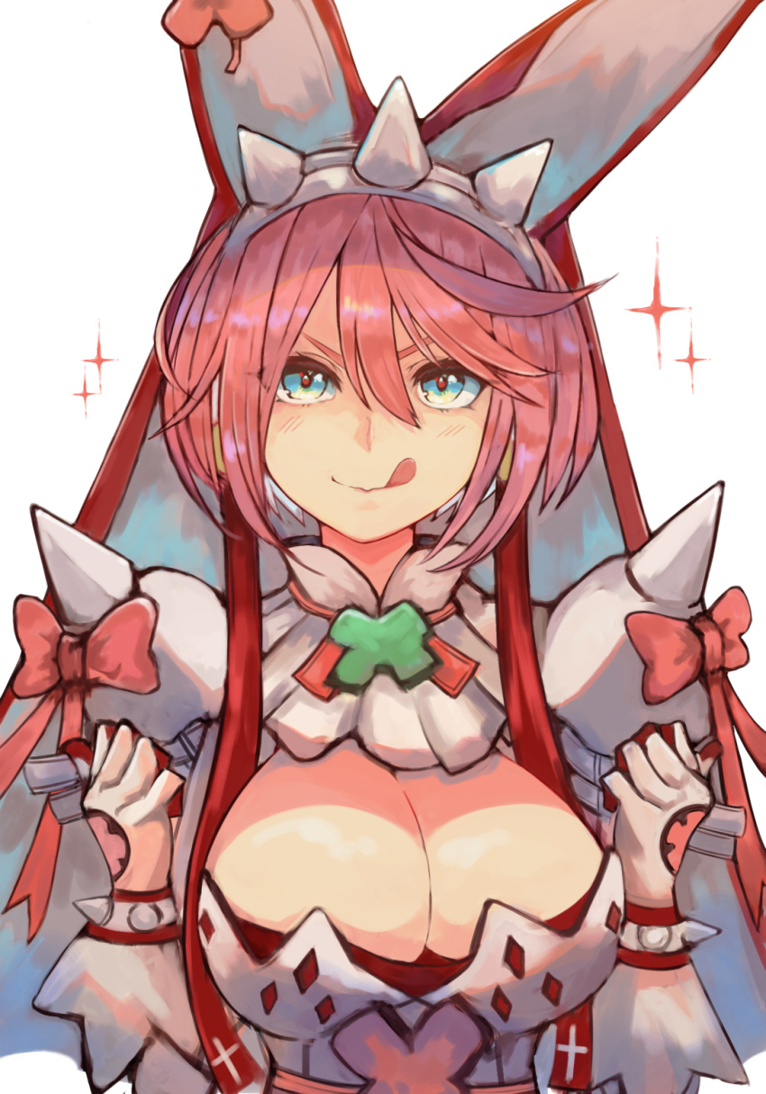 1girl ahoge animal_ears blue_eyes blush bow bracelet breasts bridal_veil cleavage cleavage_cutout clothing_cutout clover dress elphelt_valentine four-leaf_clover guilty_gear guilty_gear_xrd hair_between_eyes hairband highres huge_ahoge jewelry large_breasts levvellevvel looking_at_viewer pink_bow pink_hair rabbit_ears short_hair simple_background solo sparkle spiked_bracelet spiked_hairband spikes tongue tongue_out upper_body veil wedding_dress white_background