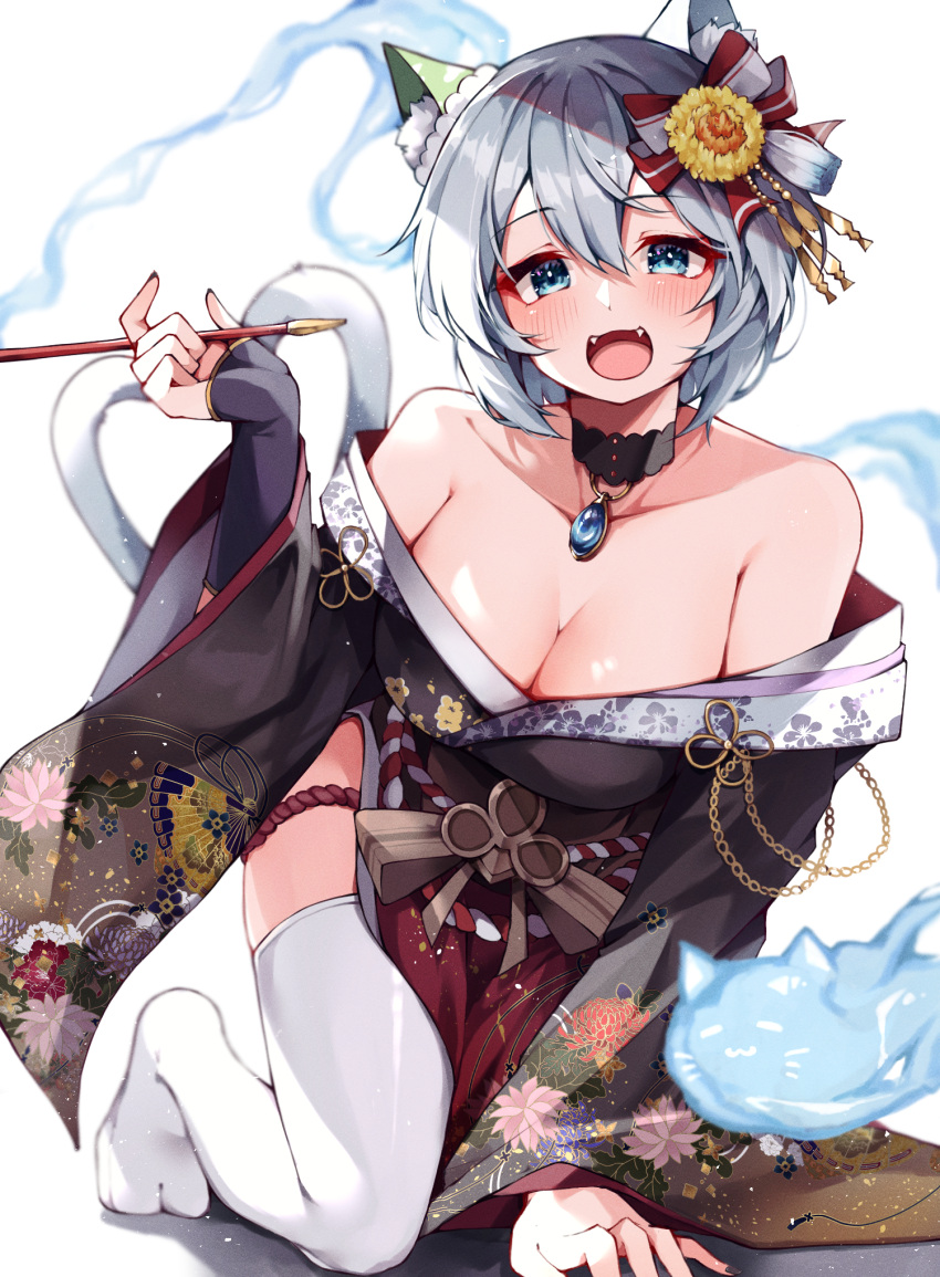 1girl :d alternate_animal_ears animal_ears bare_shoulders black_choker black_kimono blue_eyes blush bow breasts cat_ears cat_girl cat_tail choker cleavage commentary ear_covers fangs flower forked_tail grey_hair hair_between_eyes hair_bow hair_flower hair_ornament highres japanese_clothes jewelry kanzashi kimono kiseru large_breasts looking_at_viewer misoni_(mi_so_ni_t) nekomata off_shoulder open_mouth pendant seiun_sky_(umamusume) short_hair single_ear_cover skin_fangs smile smoking_pipe solo sunflower_hair_ornament tail thighhighs traditional_youkai umamusume white_thighhighs