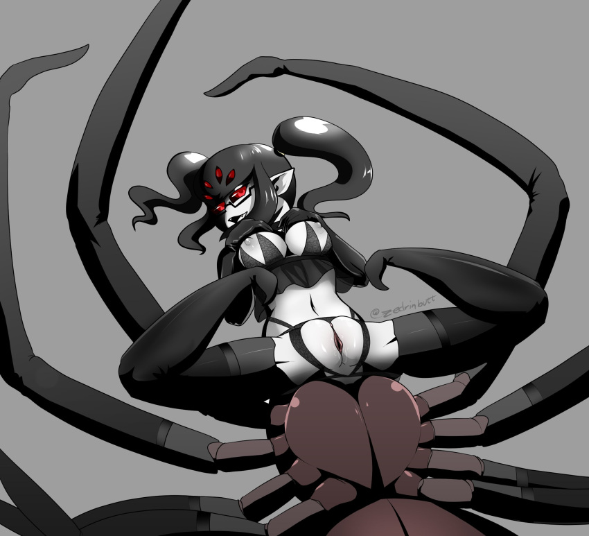 6_eyes 8_legs arachnid arachnid_taur areola arthropod arthropod_abdomen arthropod_taur big_breasts black_hair black_sclera breasts cesil_(zedrin) eyewear fangs female genitals glasses hair hi_res humanoid_pointy_ears looking_at_viewer multi_eye navel nipples nude open_mouth pigtails presenting presenting_pussy pussy red_eyes signature smile solo spider spider_taur taur teeth text thick_thighs white_body white_skin zedrin