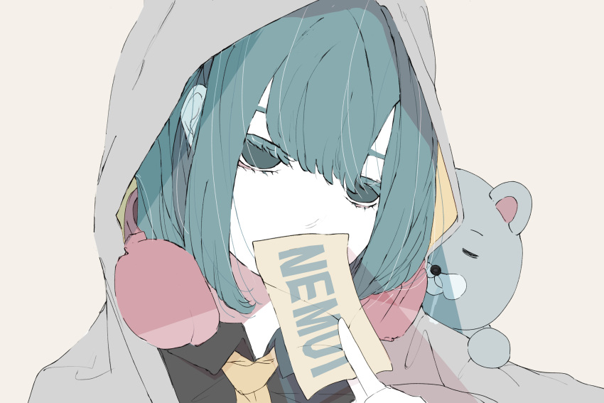 1girl bear black_shirt blue_eyes blue_hair collared_shirt covering_mouth grey_hoodie head_tilt headphones headphones_around_neck highres holding holding_paper hood hood_up hoodie long_bangs looking_at_viewer necktie no_pupils nocopyrightgirl original pale_skin paper portrait red_headphones romaji_text shirt sidelocks simple_background sleeping solo stuffed_animal stuffed_toy teddy_bear white_background yellow_necktie