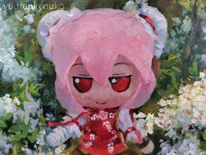 1girl bandaged_arm bandages bun_cover close-up closed_mouth commentary double_bun flower fumo_(doll) green_skirt hair_bun highres ibaraki_kasen looking_at_viewer oil_painting_(medium) painting_(medium) pink_hair red_eyes short_hair skirt smile solo tabard touhou traditional_media white_flower yuuren_kyouko