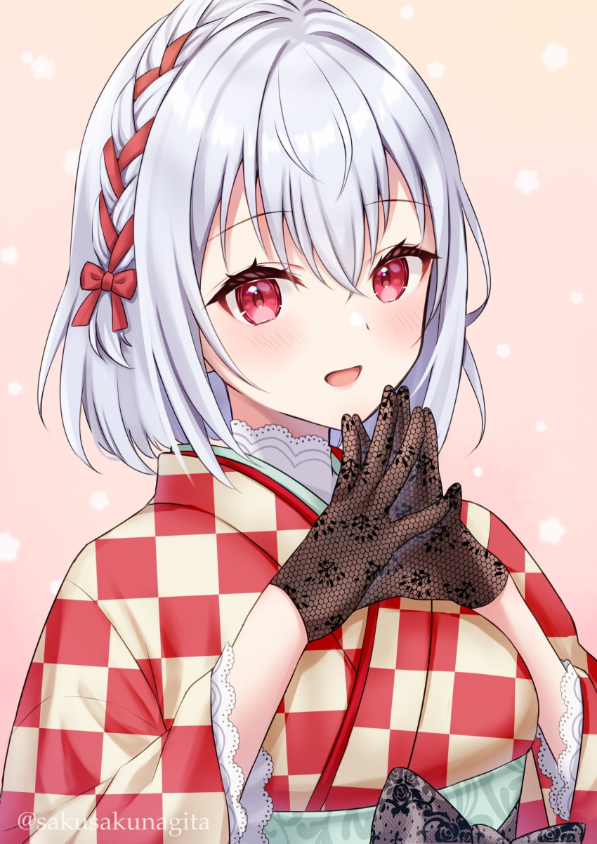 1girl blush braid checkered_clothes checkered_kimono gloves hair_ribbon hakase_fuyuki highres japanese_clothes kimono lace lace-trimmed_sleeves lace_gloves lace_trim looking_at_viewer nijisanji obi open_mouth own_hands_together red_eyes ribbon ribbon_braid sakunagita sash short_hair smile solo steepled_fingers unmoving_pattern upper_body virtual_youtuber white_hair