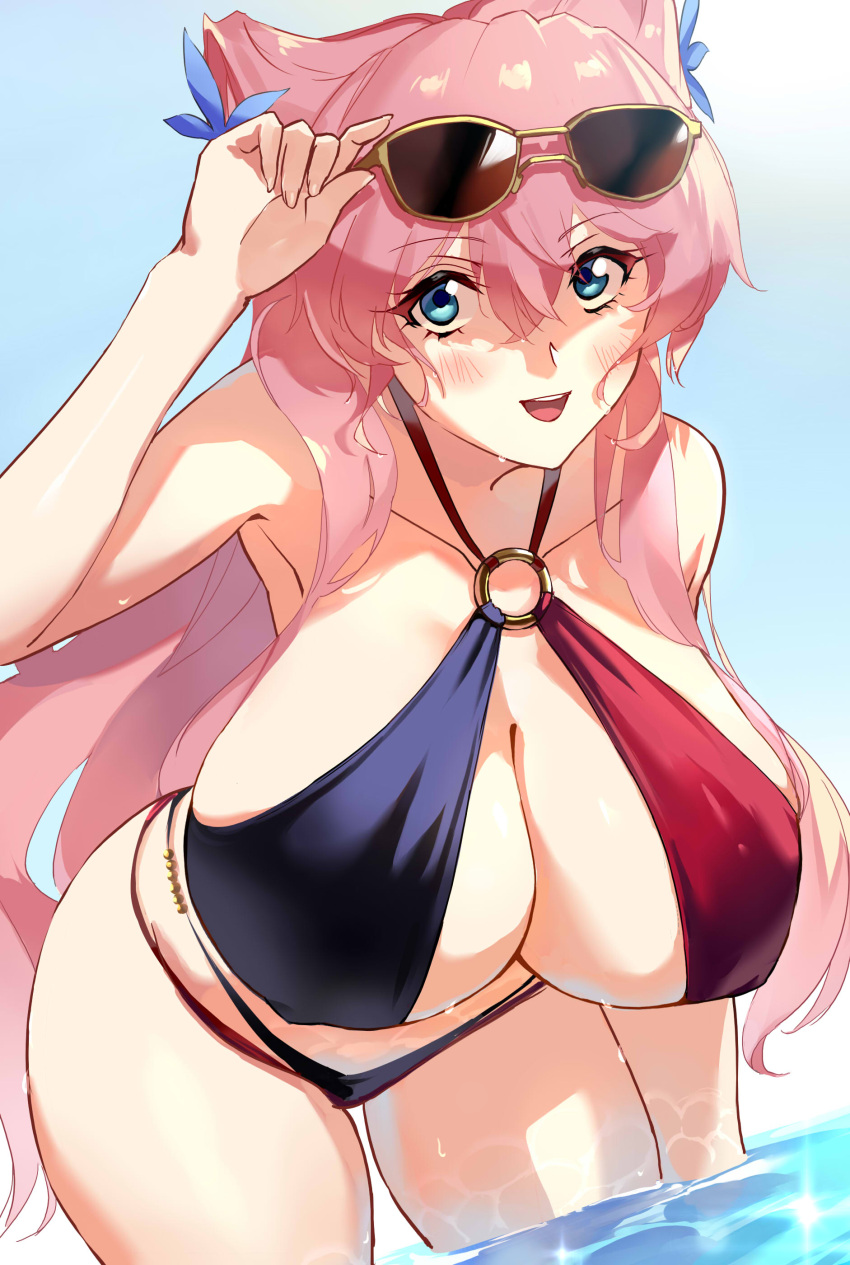 1girl absurdres aqua_eyes bikini blue_eyes blush breasts caustics cleavage eyewear_on_head hair_between_eyes hair_ears hair_ornament highres large_breasts layered_bikini long_hair looking_at_viewer maria_cadenzavna_eve multicolored_bikini multicolored_clothes negresco open_mouth pink_hair senki_zesshou_symphogear shiny_skin smile solo sunglasses swimsuit very_long_hair wet