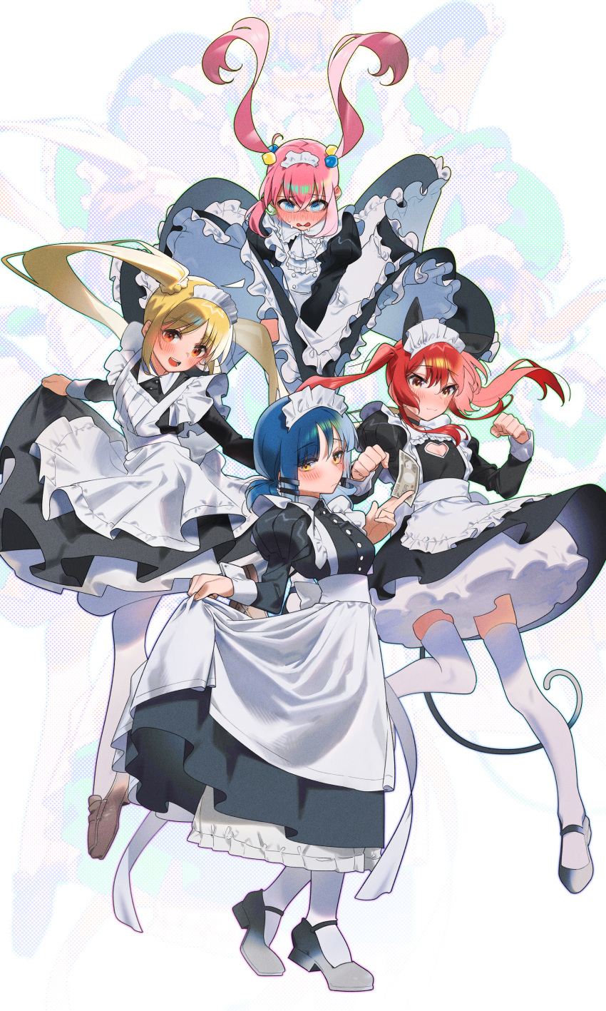 4girls :3 @_@ absurdres ahoge alternate_costume alternate_hairstyle animal_ears apron back_bow black_dress black_footwear blonde_hair blue_eyes blue_hair blush bocchi_the_rock! bow breasts bubble_skirt buttons cat_ears cat_tail cleavage_cutout clenched_hands closed_mouth clothes_lift clothing_cutout commentary_request cube_hair_ornament detached_ahoge dress dress_lift embarrassed fake_animal_ears fake_tail floating floating_hair frilled_apron frilled_dress frills full_body gotoh_hitori green_eyes grey_footwear hair_between_eyes hair_ornament hairclip hand_up hands_up heart heart_cutout highres holding holding_money ijichi_nijika juliet_sleeves kita_ikuyo leg_up long_hair long_sleeves looking_at_viewer looking_down low_twintails maid maid_apron maid_headdress medium_breasts medium_hair mole mole_under_eye money multiple_girls nose_blush open_mouth pantyhose parted_bangs paw_pose petticoat pink_hair puffy_sleeves red_eyes red_hair side_ponytail sidelocks simple_background skirt skirt_hold smile socks sofa_(enogunomu) standing sweat tail teeth thighhighs twintails very_long_hair wavy_mouth white_apron white_background white_pantyhose white_socks white_thighhighs wind wind_lift yamada_ryo yellow_eyes yen zoom_layer