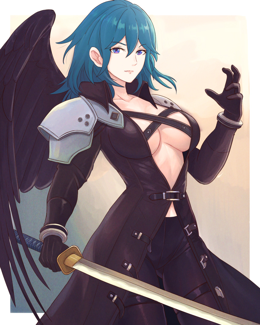 1girl absurdres armor armpits black_feathers black_gloves black_wings blue_hair breasts byleth_(female)_(fire_emblem) byleth_(fire_emblem) chest_strap cleavage cosplay costume_switch feathered_wings feathers final_fantasy final_fantasy_vii fire_emblem fire_emblem:_three_houses gloves gradient_background hair_between_eyes highres holding holding_sword holding_weapon jacket katana large_breasts leather leather_gloves leather_jacket leather_pants long_coat multicolored_eyes pants sephiroth short_hair shoulder_armor solo super_smash_bros. sword truejekart weapon wings