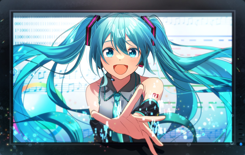 1girl :d absurdres aqua_eyes aqua_hair aqua_necktie ayumu8828 bare_shoulders binary black_sleeves collared_shirt commentary_request detached_sleeves eighth_note floating_hair grey_shirt hair_between_eyes hatsune_miku headset highres long_hair looking_at_viewer monitor musical_note necktie open_mouth outstretched_arm outstretched_hand quarter_note reaching reaching_towards_viewer shirt sleeveless sleeveless_shirt smile solo staff_(music) straight-on through_screen twintails upper_body very_long_hair vocaloid