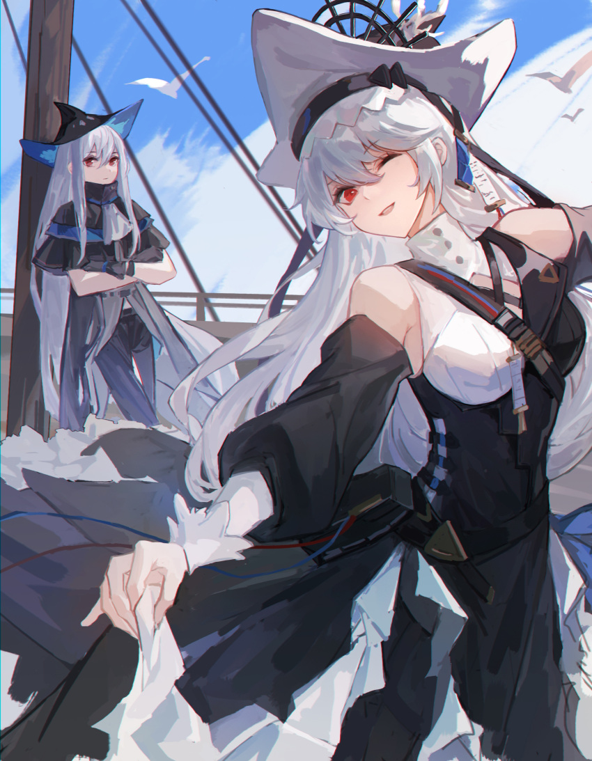 2girls ;) absurdres arknights bird black_capelet black_dress black_headwear black_pants capelet chinese_commentary closed_mouth cloud collar commentary day detached_sleeves dress grey_hair hair_between_eyes hat highres long_hair long_sleeves looking_at_another multiple_girls one_eye_closed pants parted_lips red_eyes seagull sidelocks skadi_(arknights) skirt_hold sky smile specter_(arknights) specter_the_unchained_(arknights) very_long_hair was775 white_collar