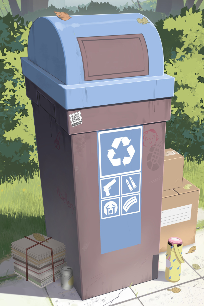 absurdres arrow_(symbol) blue_archive bush can carton day emoji grass gun_print highres leaf madaotheory no_humans outdoors package paper recycle_bin recycling_symbol trash_can