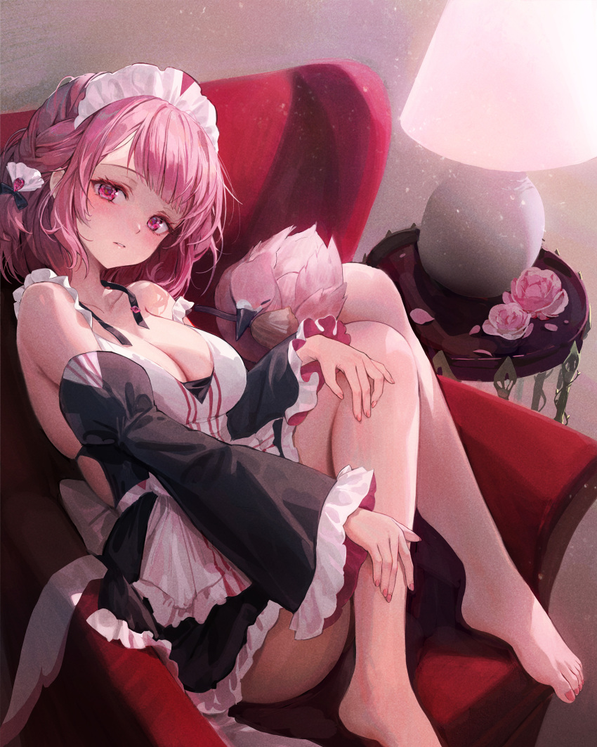 1girl absurdres apron armchair barefoot beak_hold bird black_dress black_sleeves breasts chair detached_sleeves dress english_commentary feet fingernails flamingo flower frilled_dress frilled_sleeves frills hair_ribbon head_tilt highres indoors knees_together_feet_apart knees_up lamp lampshade large_breasts light_blush looking_at_viewer maid_headdress mouth_hold nail_polish original parted_lips pink_eyes pink_flower pink_hair pink_nails pink_rose ribbon rose rwael short_hair sitting strappy_heels teeth toenail_polish toenails toes undone_neck_ribbon white_apron