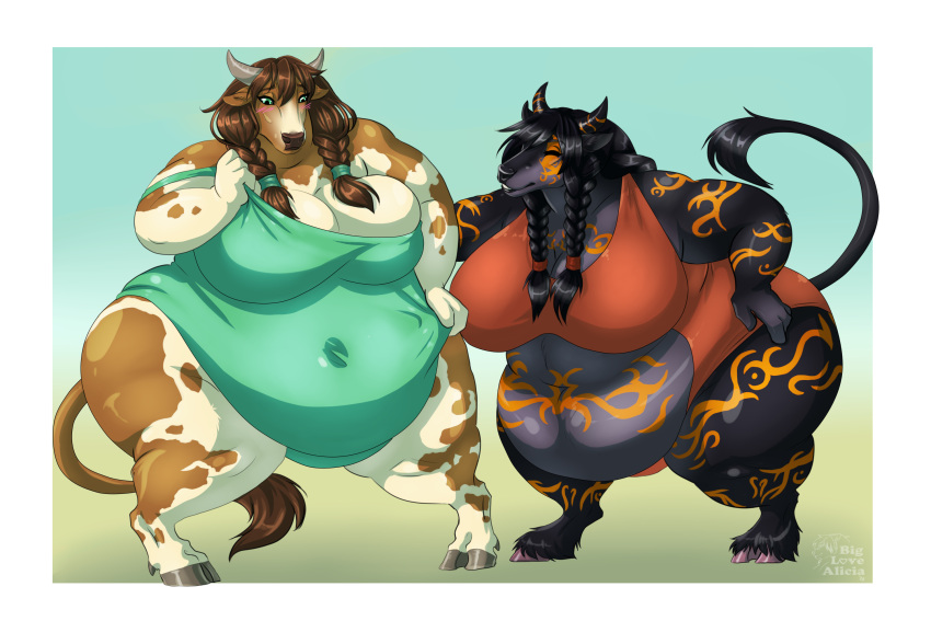 2018 2_horns anthro big_breasts biglovealicia black_hair blue_eyes border bovid bovine breasts brown_body brown_fur brown_hair cattle cel_shading clothed clothing curvy_figure deep_navel duo ears_down ears_up eyes_closed female fingers fully_clothed fur hair hand_on_hip hi_res hooved_fingers hooves horn huge_belly light lighting looking_at_breasts mammal markings multicolored_body multicolored_fur navel obese obese_female orange_markings overweight overweight_female pivoted_ears shaded signature simple_background standing tail tail_tuft thick_thighs tuft unguligrade white_body white_border white_fur wide_hips
