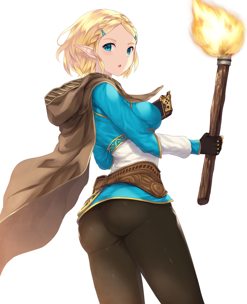 1girl aqua_eyes ass blonde_hair blush braid breasts brown_pants cait_aron cloak crown_braid fingerless_gloves fire from_behind gloves hair_ornament hairclip highres holding holding_torch large_breasts looking_at_viewer looking_back open_mouth pants parted_bangs pointy_ears princess_zelda short_hair solo the_legend_of_zelda the_legend_of_zelda:_tears_of_the_kingdom torch