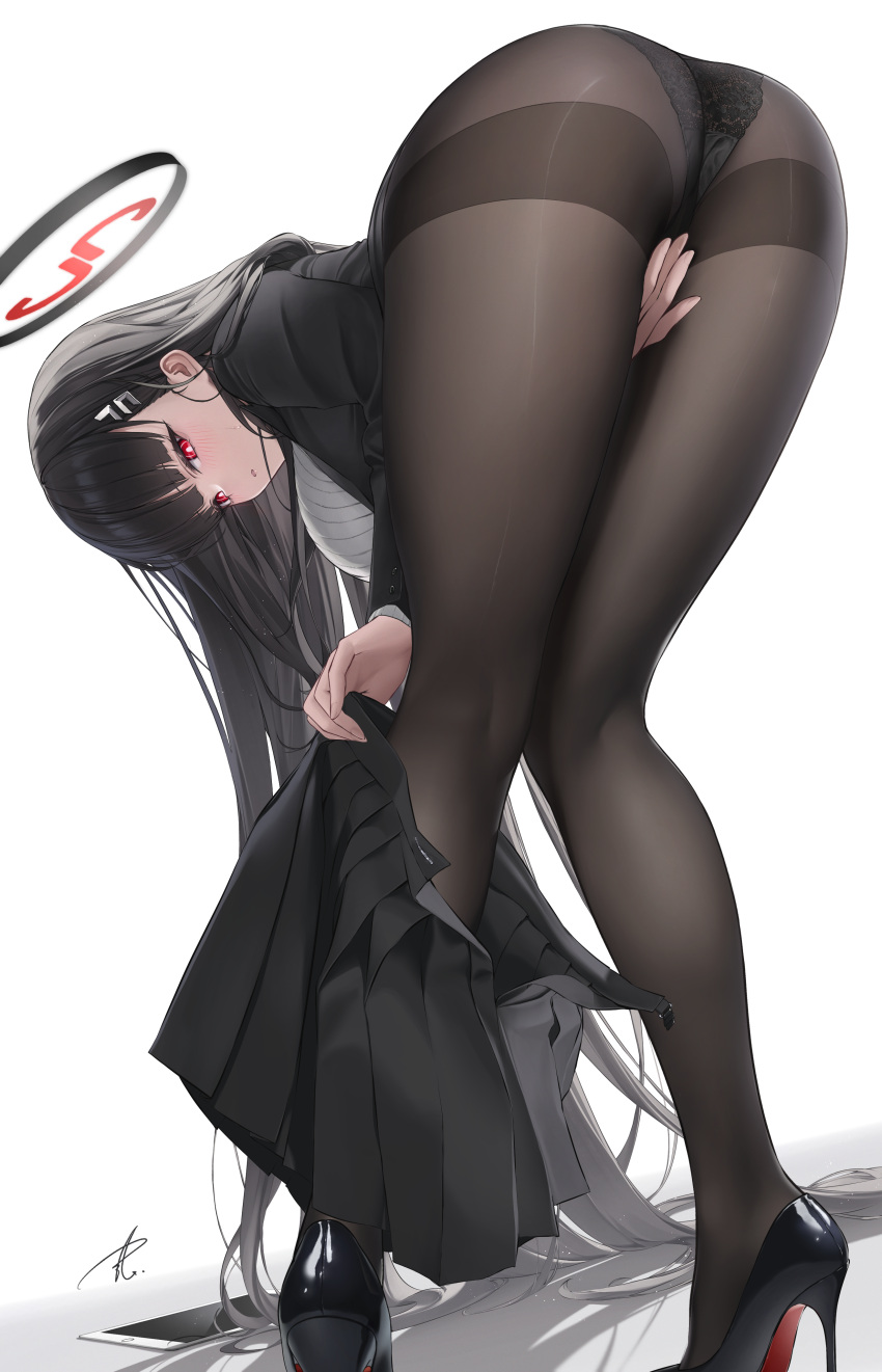 1girl absurdres ass bent_over black_hair black_jacket black_panties black_pantyhose black_skirt black_suit blue_archive blush breasts hair_ornament hairclip halo high_heels highres jacket large_breasts long_hair long_sleeves looking_at_viewer looking_back miniskirt panties panties_under_pantyhose pantyhose pleated_skirt red_eyes ribbed_sweater rio_(blue_archive) skirt skirt_removed solo suit sweater thighband_pantyhose turtleneck turtleneck_sweater underwear undressing very_long_hair white_sweater yabacha