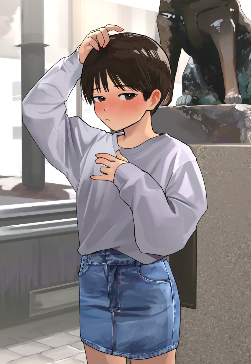 1girl absurdres androgynous blue_skirt blush brown_eyes brown_hair denim denim_skirt embarrassed grey_shirt hachiko_(statue) highres long_sleeves looking_at_viewer mmmo3 original shirt short_hair skirt sleeves_past_wrists solo tomboy