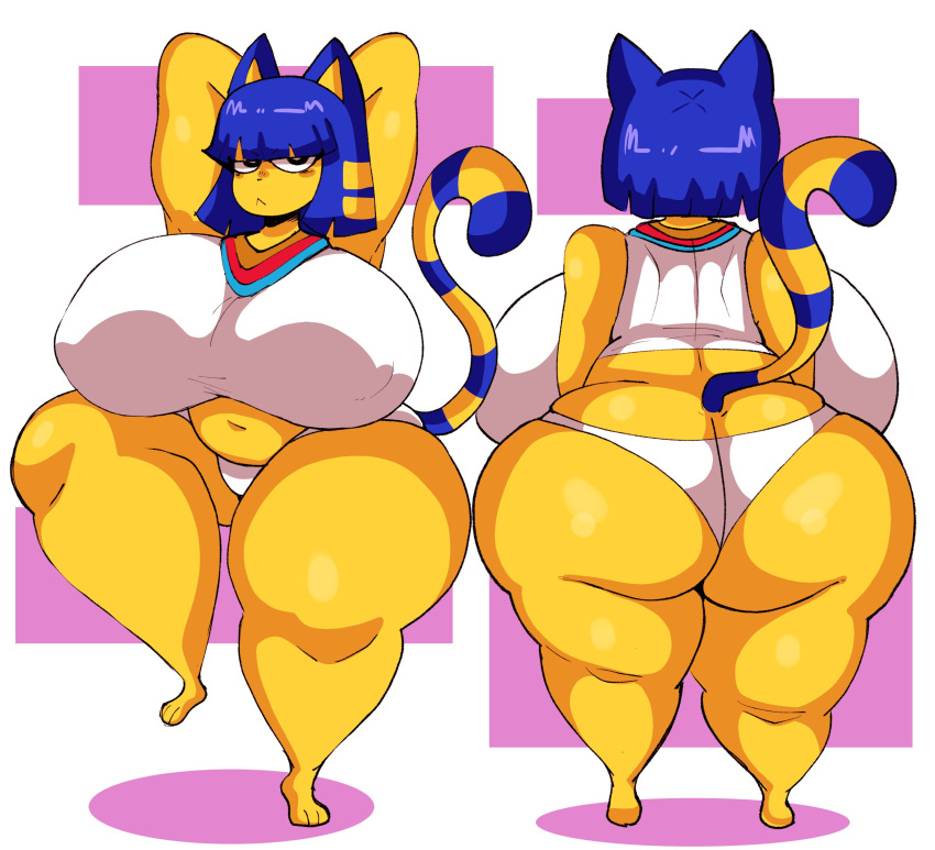 :&lt; absurd_res animal_crossing ankha_(animal_crossing) anthro big_breasts big_butt blue_hair breasts breasts_from_behind butt clothing curvy_figure domestic_cat felid feline felis female front_view fur hair hands_behind_head hi_res huge_breasts huge_butt hyper hyper_breasts hyper_butt lewd_dorky mammal markings midriff nintendo nipple_outline overweight overweight_female panties raised_leg rear_view shirt solo striped_markings striped_tail stripes tail tail_markings thick_thighs topwear underwear voluptuous wide_hips yellow_body yellow_fur