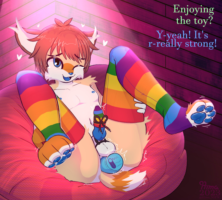 &lt;3 accessory ande_(hima_nsfw) anthro bean_bag brown_hair butt canid canine clothing cock_ring cock_warmer dialogue dildo felid feline footwear fox fur genitals hair hi_res hima_nsfw holding_both_legs holding_legs_up hybrid jewelry knot legwear looking_pleasured lynx male mammal multicolored_clothing multicolored_footwear multicolored_socks orange_body orange_fur pawpads penis penis_accessory penis_clothing penis_jewelry presenting presenting_hindquarters rainbow_clothing rainbow_footwear rainbow_socks rope rope_knot sex_toy smile socks solo tan_body tan_fur thigh_highs thigh_socks white_body white_fur