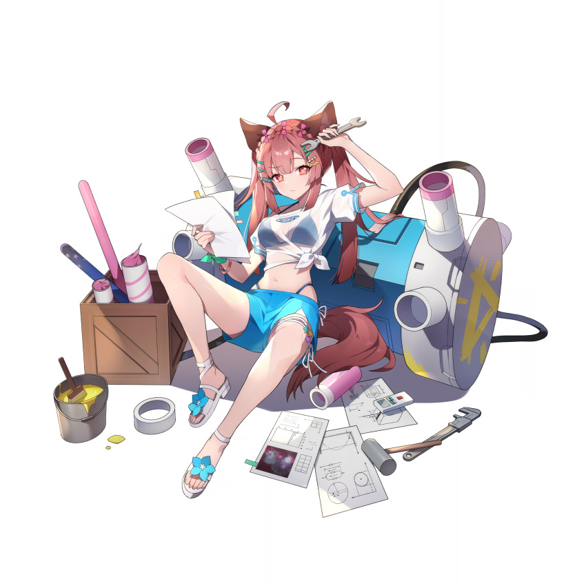 1girl ahoge animal_ear_fluff animal_ears bare_arms bare_legs bikini blue_bikini blue_footwear blue_shorts blueprint_(object) bow braid breasts brown_hair cleavage crate eversoul fireworks flynn_(eversoul) full_body game_cg hair_between_eyes hair_bow hair_ornament hairclip highleg highleg_panties highres holding holding_paper holding_wrench hyena_ears hyena_girl hyena_tail machinery medium_breasts midriff navel non-web_source official_alternate_costume official_alternate_hairstyle official_art paint paint_can paintbrush panties paper pink_bow raised_eyebrow reclining red_eyes sandals see-through see-through_shirt shirt short_sleeves shorts sidelocks solo swimsuit tachi-e thigh_strap tied_shirt transparent_background twintails underwear white_footwear white_shirt wrench x_x