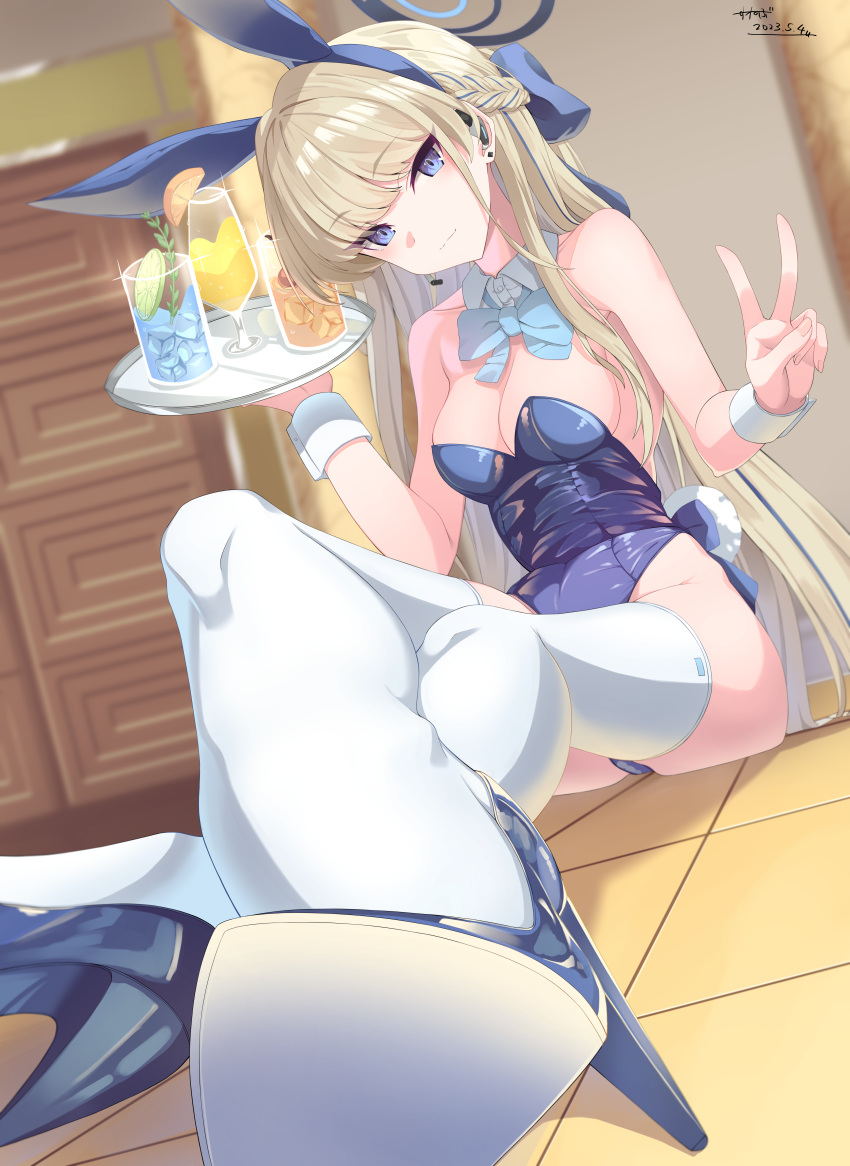 1girl absurdres animal_ears blonde_hair blue_archive blue_eyes blue_leotard bow bowtie breasts crossed_legs detached_collar drink fake_animal_ears halo high_heels highres holding holding_tray ice leotard long_hair looking_at_viewer medium_breasts official_alternate_costume playboy_bunny rabbit_ears solo strapless strapless_leotard sunebu_(snake_boo2) thighhighs toki_(blue_archive) toki_(bunny)_(blue_archive) tray v very_long_hair white_thighhighs wrist_cuffs