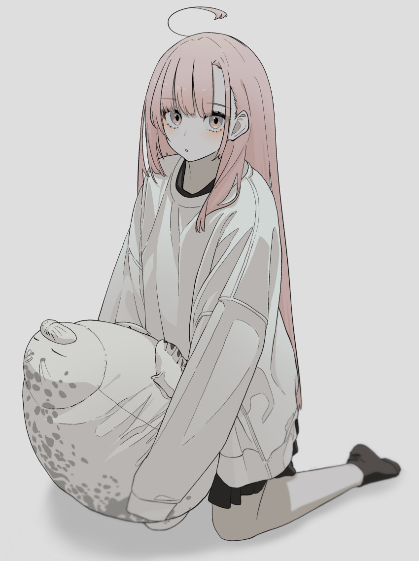 1girl :o absurdres ahoge black_skirt black_socks blush dot_nose feet full_body hair_behind_ear highres holding holding_pillow invisible_floor kneeling legs long_sleeves looking_at_viewer luvluvvox open_mouth original oversized_clothes pillow pink_eyes pink_hair pleated_skirt seal_(animal) simple_background skirt socks solo sweater swept_bangs white_background white_sweater