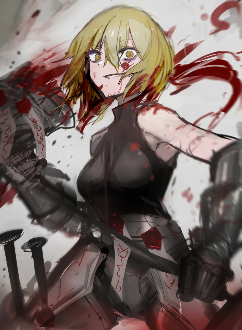 1girl armor armored_boots armpits bare_shoulders belt black_shirt blonde_hair blood blood_in_hair blood_on_clothes boots breasts chuhaibane don_quixote_(limbus_company) dress gauntlets hammer highres holding holding_hammer limbus_company medium_breasts parted_lips project_moon shirt short_hair sleeveless sleeveless_dress smile solo wax_seal yellow_eyes