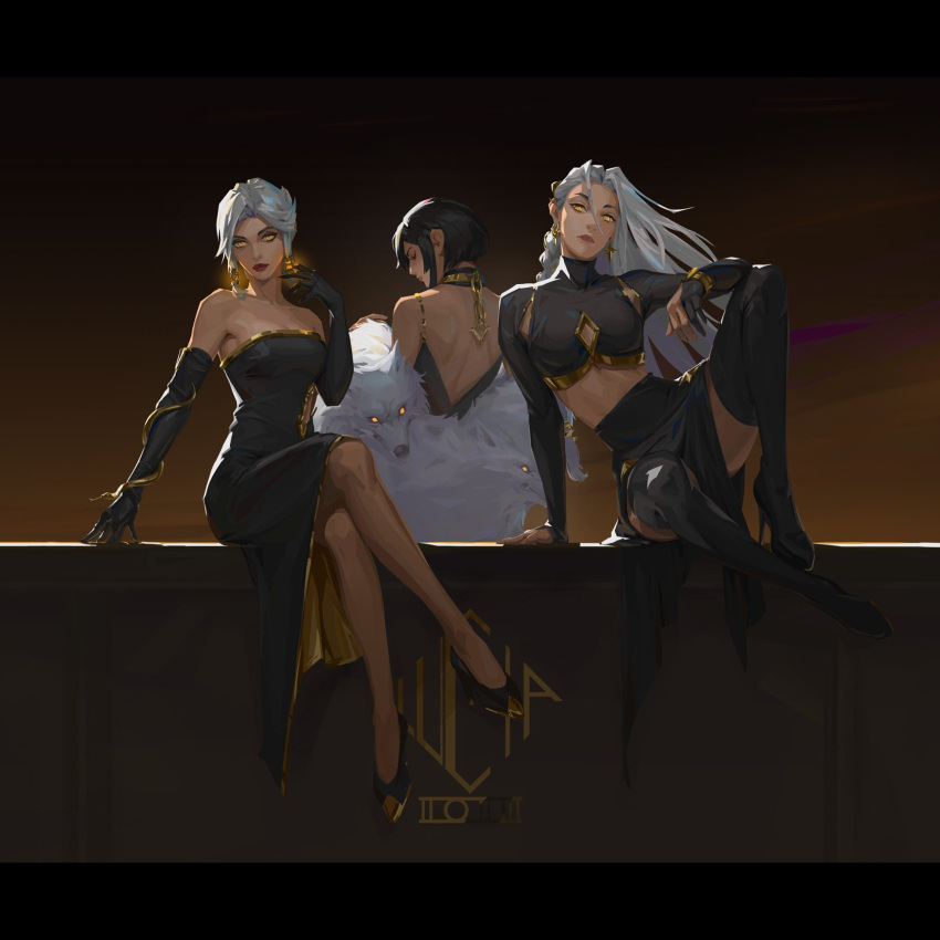 3girls artist_logo bare_shoulders black_dress black_gloves black_hair boots closed_eyes commentary dress earrings elbow_gloves english_commentary gloves gold gold_dress gradient_background high_heel_boots high_heels highres jewelry long_hair looking_at_viewer lucia_hsiang makeup multiple_girls off-shoulder_dress off_shoulder original profile red_lips short_hair sitting star_(symbol) star_earrings two-tone_dress white_hair wolf yellow_eyes