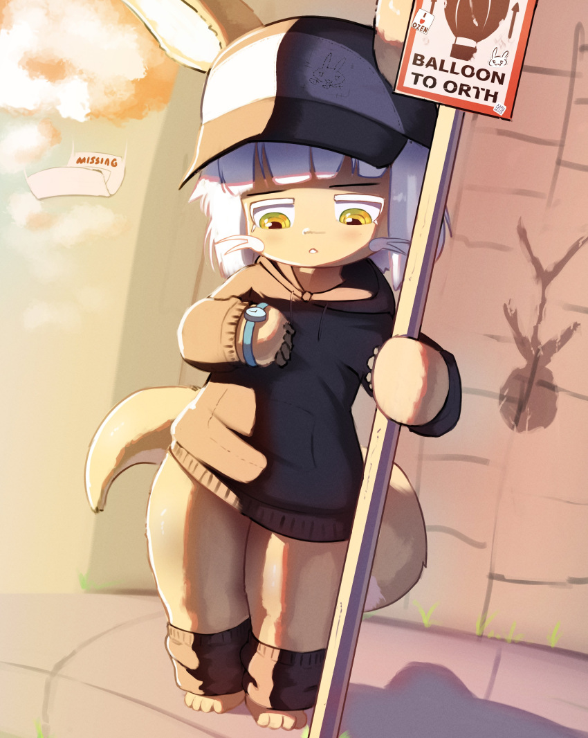 absurd_res ambiguous_gender anthro clothing digital_media_(artwork) disappointed fur hair hat headgear headwear hi_res hoodie looking_at_watch made_in_abyss nanachi paws shadow signpost simple_background skalelsky solo tan_body tan_fur text topwear white_hair yellow_eyes