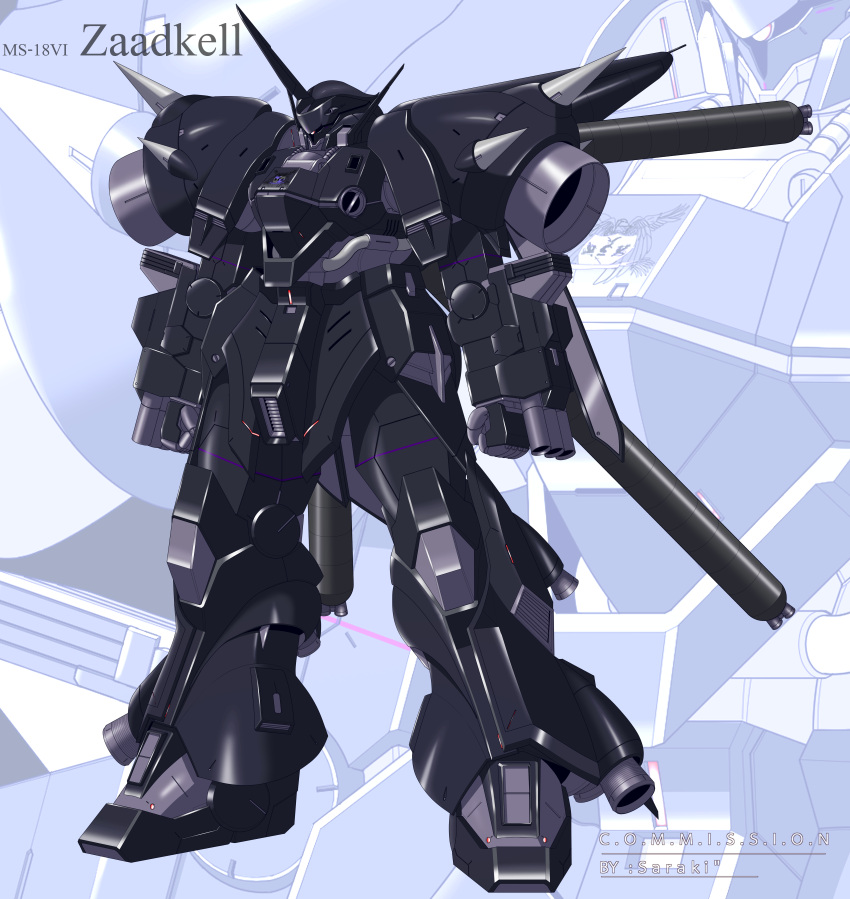 absurdres arm_cannon character_name commentary_request commission fusion gerbera_tetra glint gouf gouf_custom gundam gundam_0080 gundam_0083 gundam_08th_ms_team highres kampfer_(mobile_suit) mecha mobile_suit mobile_suit_gundam neo_zeon no_humans one-eyed original redesign robot saraki_yukata shoulder_spikes signature spikes thrusters weapon zaadkell