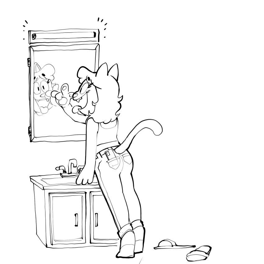 amy_(creator_ant) anthro bathroom_sink black_and_white clothed clothing creator_ant domestic_cat felid feline felis female flip_flops footwear hi_res light looking_at_self mammal mirror monochrome open_mouth sandals simple_background socks solo tail tongue tongue_out