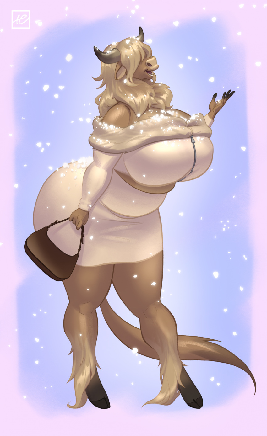 absurd_res anthro big_breasts big_butt bottomwear bovid bovine breasts brown_body brown_fur butt cattle clothing covered_eyes female fur hi_res highland_cattle holivi hooves horn huge_breasts huge_butt mammal purse skirt snow solo tail thick_thighs wide_hips