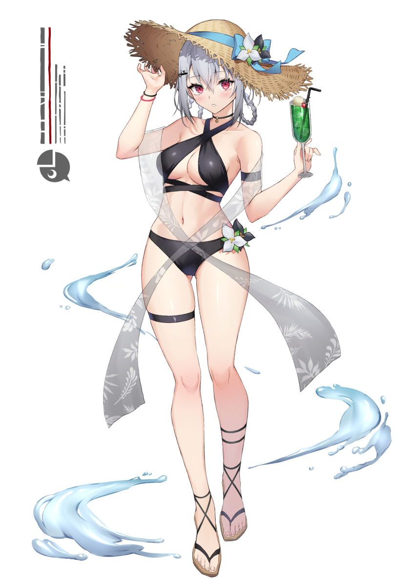 1girl absurdres alternate_costume bikini black_bikini black_footwear bracelet braided_hair_rings breasts cocktail criss-cross_halter cup flower food full_body grey_hair hair_between_eyes hair_ornament hairclip hakase_fuyuki halterneck hat highres holding holding_cup ice_cream ice_cream_float jewelry large_breasts long_hair looking_at_viewer myske_(myst34415756) necklace nijisanji red_eyes ribbon sandals shawl simple_background solo standing straw_hat sun_hat swimsuit tachi-e thigh_strap virtual_youtuber white_background