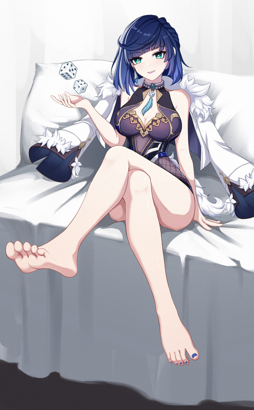 1girl a-utism absurdres barefoot blue_hair blue_nails breasts cleavage crossed_legs dice feet genshin_impact highres knees_together_feet_apart large_breasts legs lipstick makeup nail_polish short_hair sitting soles solo toenail_polish toenails toes yelan_(genshin_impact)