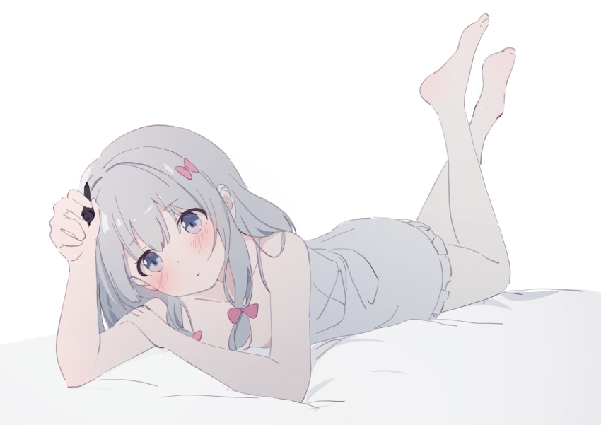 1girl absurdres bare_arms bare_shoulders barefoot blush bow camisole collarbone commentary eromanga_sensei expressionless eyes_visible_through_hair feet feet_up frilled_camisole frills full_body grey_hair hair_between_eyes hair_bow hand_up head_tilt highres holding holding_pen izumi_sagiri legs legs_up long_hair looking_at_object lying nujii on_stomach parted_lips pen pink_bow sidelocks simple_background soles solo straight_hair symbol-only_commentary the_pose toes white_background white_camisole