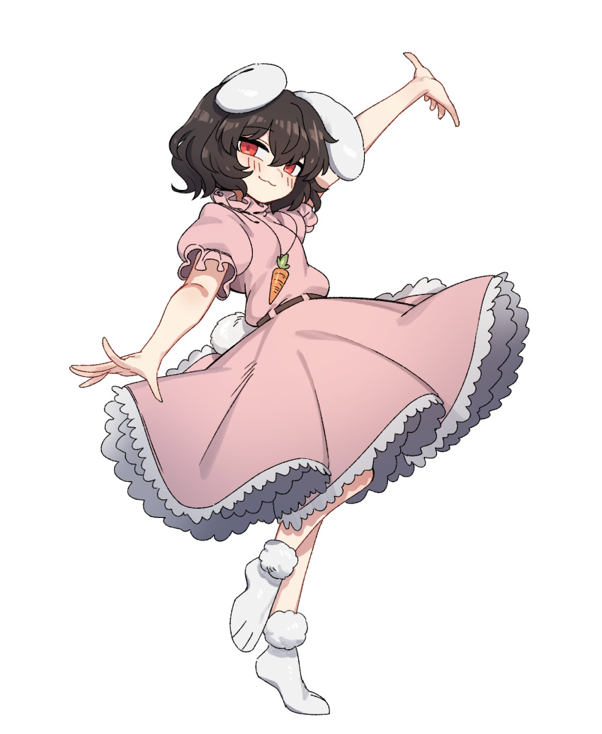 1girl animal_ears black_hair blush carrot_necklace closed_mouth dress frilled_dress frilled_sleeves frills full_body hair_between_eyes highres inaba_tewi jewelry necklace nyong_nyong pink_dress rabbit_ears rabbit_tail red_eyes short_hair short_sleeves smile socks solo tail touhou transparent_background white_socks