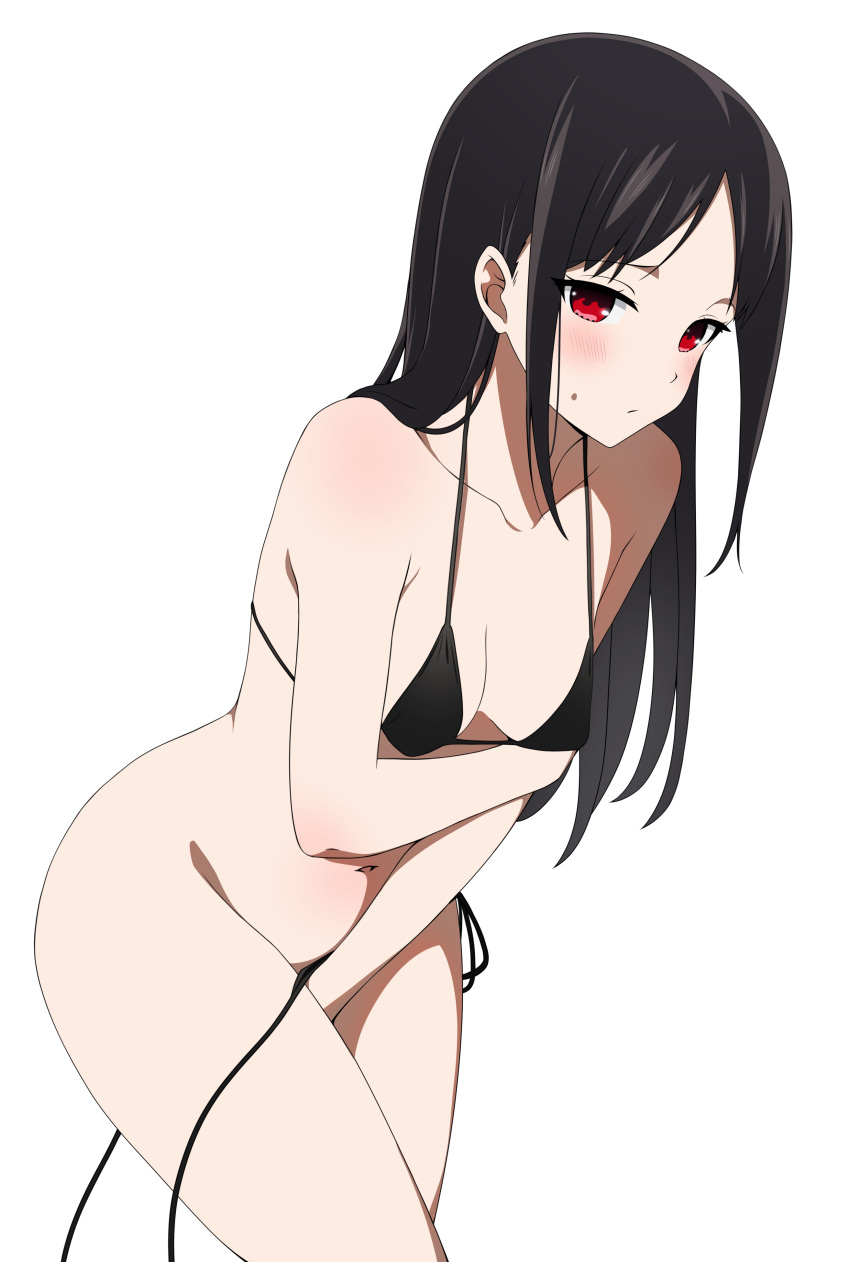 1girl absurdres bikini black_hair blush breasts cleavage closed_mouth coro_fae covering covering_crotch hair_down highres kaguya-sama_wa_kokurasetai_~tensai-tachi_no_renai_zunousen~ leaning_forward long_hair looking_at_viewer navel red_eyes shinomiya_kaguya simple_background small_breasts solo stomach straight_hair swimsuit thighs untied untied_bikini white_background