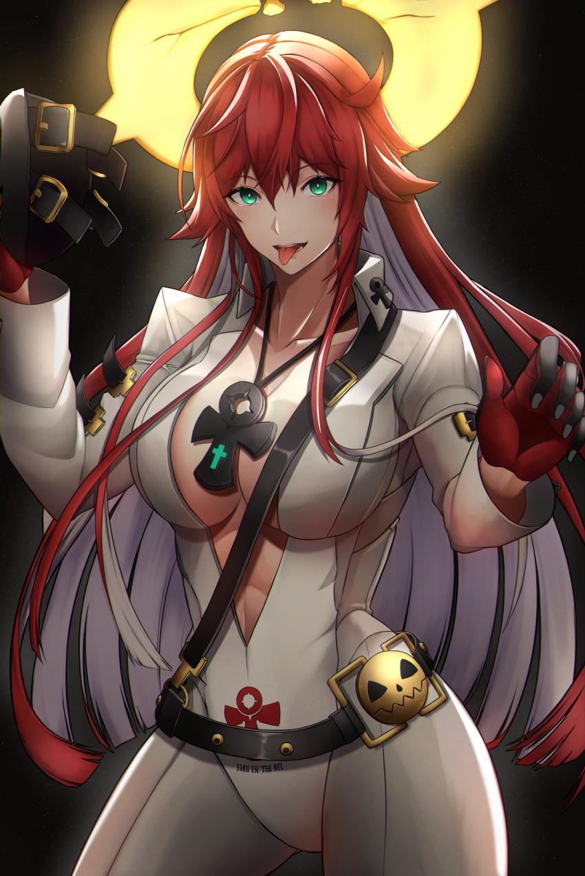 1girl absurdres ankh ankh_necklace black_background bodysuit breasts center_opening cleavage cleavage_cutout clothing_cutout collarbone compass_rose_halo gloves green_eyes guilty_gear guilty_gear_strive halo highres jack-o'_valentine large_breasts lips long_hair looking_at_viewer mask multicolored_hair red_hair simple_background solo souma_(so_u_maaaaa) tongue tongue_out two-tone_hair white_bodysuit white_hair