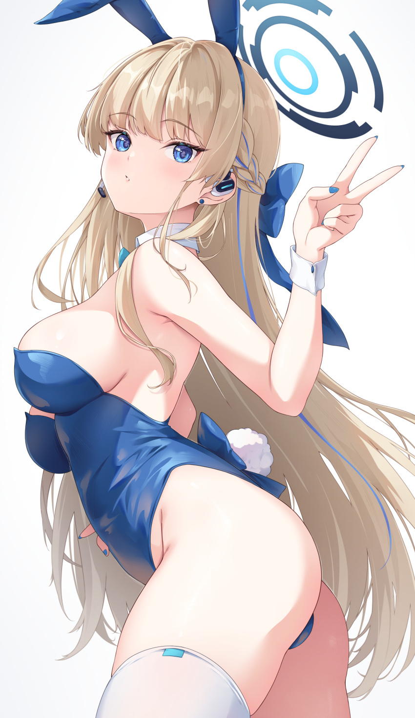 1girl absurdres animal_ears ass bare_shoulders blonde_hair blue_archive blue_bow blue_eyes blue_hairband blue_leotard blue_nails bow bowtie braid breasts detached_collar ear_piercing earpiece fake_animal_ears from_side hairband hand_up highleg highleg_leotard highres iroha_(unyun) leotard long_hair medium_breasts microphone multicolored_hair official_alternate_costume official_alternate_hairstyle parted_lips piercing playboy_bunny rabbit_ears rabbit_tail sideboob simple_background solo streaked_hair tail thighhighs thighs toki_(blue_archive) toki_(bunny)_(blue_archive) v very_long_hair white_background white_thighhighs wrist_cuffs
