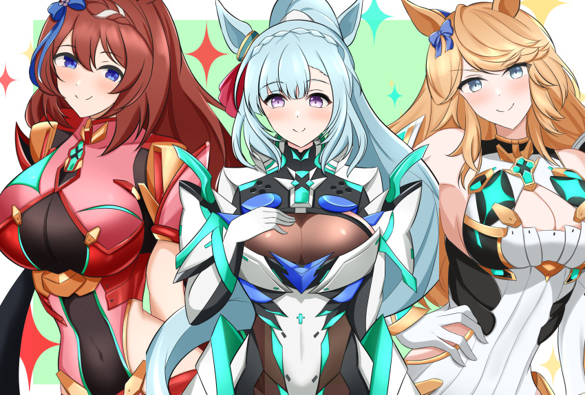 3girls absurdres alternate_costume animal_ears arn7 bare_shoulders blue_bow blue_bowtie blue_eyes blue_hair blush bow bowtie breasts chest_jewel cleavage cleavage_cutout closed_mouth clothing_cutout cosplay ear_bow ear_ornament ear_ribbon gloves gold_city_(umamusume) hair_between_eyes highres horse_ears horse_girl impossible_clothes large_breasts light_blue_hair long_hair looking_at_viewer mejiro_ardan_(umamusume) micro_shorts multiple_girls mythra_(xenoblade) mythra_(xenoblade)_(cosplay) pinwheel_hair_ornament pneuma_(xenoblade) pneuma_(xenoblade)_(cosplay) purple_eyes pyra_(xenoblade) pyra_(xenoblade)_(cosplay) shorts simple_background smile star_(symbol) super_creek_(umamusume) umamusume upper_body white_gloves xenoblade_chronicles_(series) xenoblade_chronicles_2