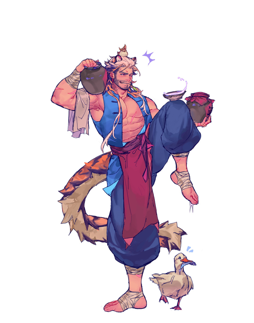 1boy absurdres anger_vein animal_ears animal_on_head armpit_peek bandaged_arm bandaged_foot bandages bara beard bird bird_on_head bottle carrying_over_shoulder drunk drunk_tiger_(kuro) duck facial_hair fish_in_mouth full_body hair_slicked_back highres kuroshima_kurishiro_(muyi24108414) male_focus mature_male multicolored_hair muscular muscular_male mustache_stubble notice_lines on_head original pectoral_cleavage pectorals pelvic_curtain sake_bottle scar scar_on_chest short_hair sidepec solo standing standing_on_one_leg tail tiger_boy tiger_ears tiger_tail tokkuri two-tone_hair white_hair