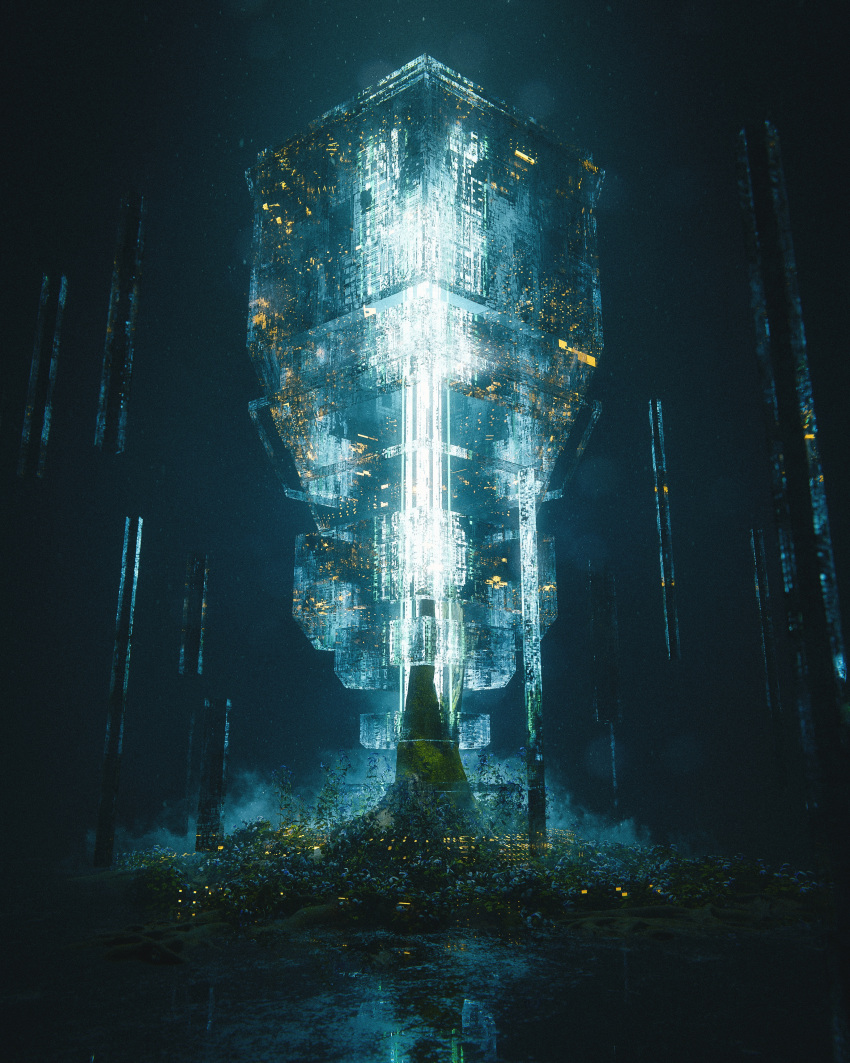 3d abstract absurdres dark film_grain glowing highres leaf max_v_hay moss no_humans plant rain reflection tree_stump